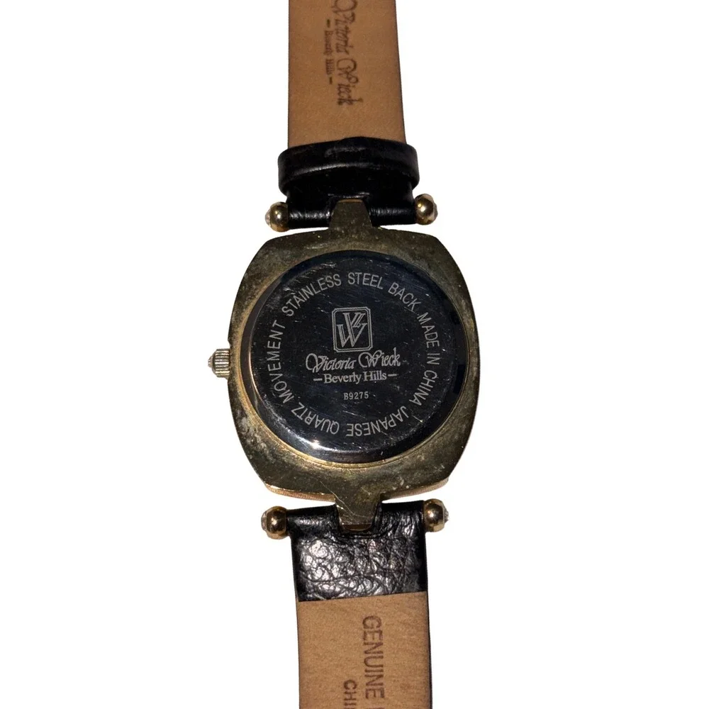 Victoria Wieck Beverly Hills Gold Tone Mother of Pearl Crystal Watch B9275 Black